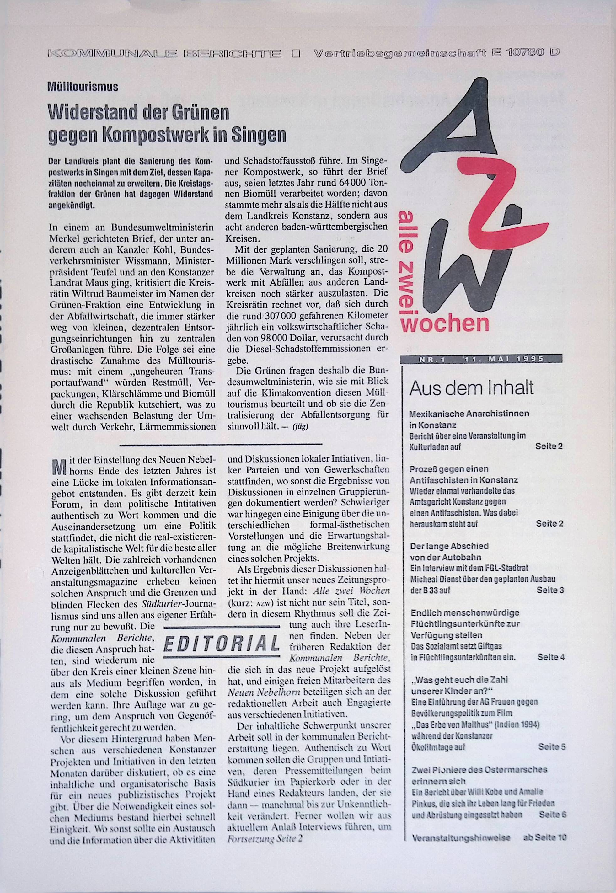 Heft-Cover Alle zwei Wochen Nr. 01 aus 1995