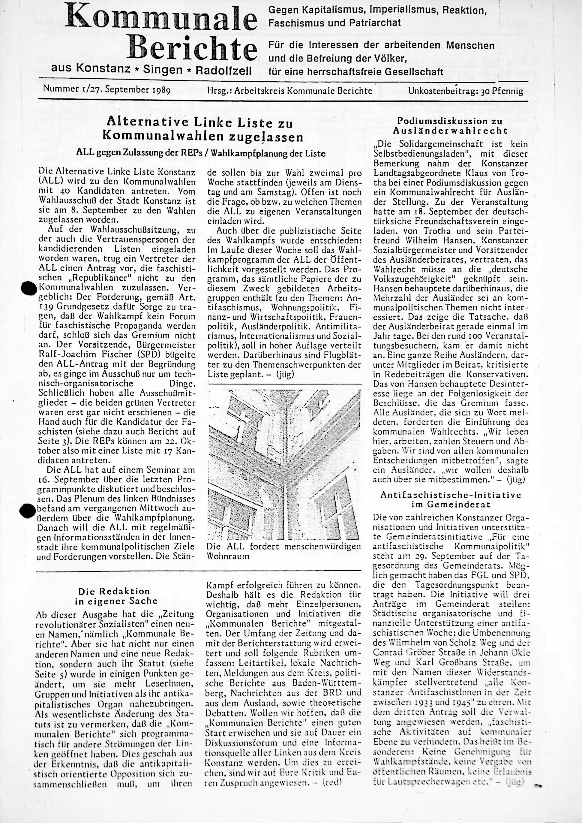 Heft-Cover Kommunale Berichte Nr. 01 aus 1989